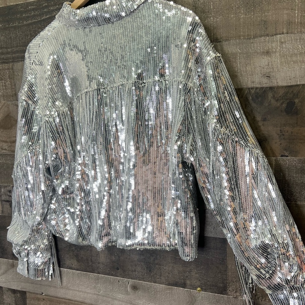 Mable Sequin Fringe Silver Button Down Jacket or Too Disco Ball